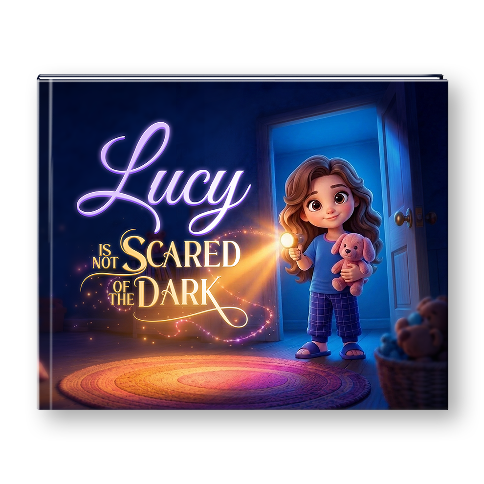 A square art print or book-style cover featuring a cartoon girl named Lucy standing in a glowing blue doorway and holding a teddy bear, with the text 'Lucy is not scared of the dark' in stylized purple and gold lettering.