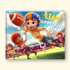 Book cover with cartoon characters playing football and a child, featuring the name 'Liam'.