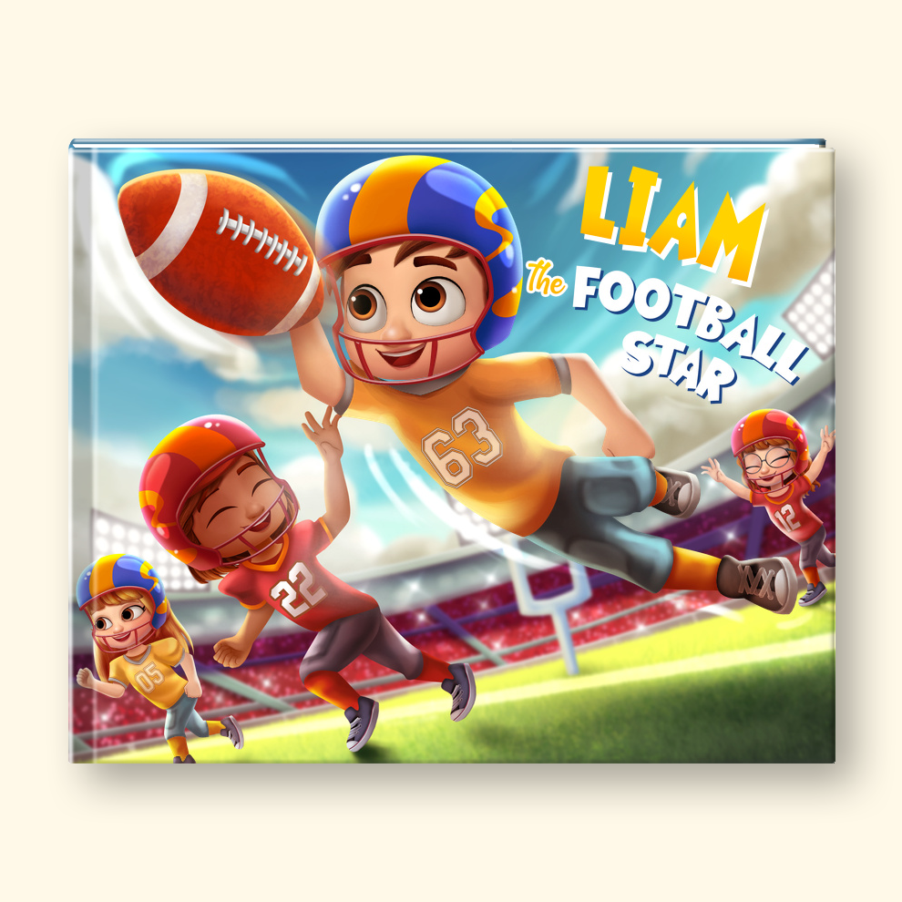 Book cover with cartoon characters playing football and a child, featuring the name 'Liam'.