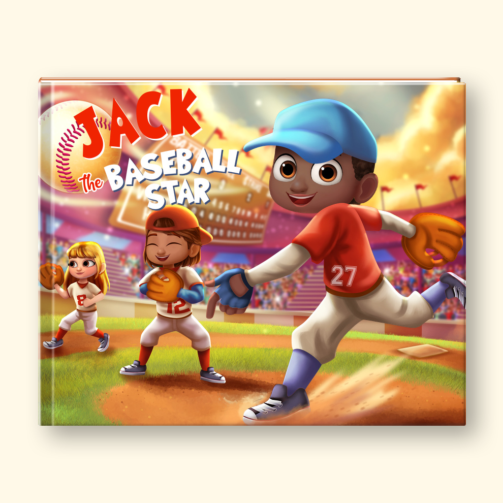 A children's book cover titled 'Jack the Baseball Star' featuring colorful cartoon baseball players on a field, shown against a light beige background.