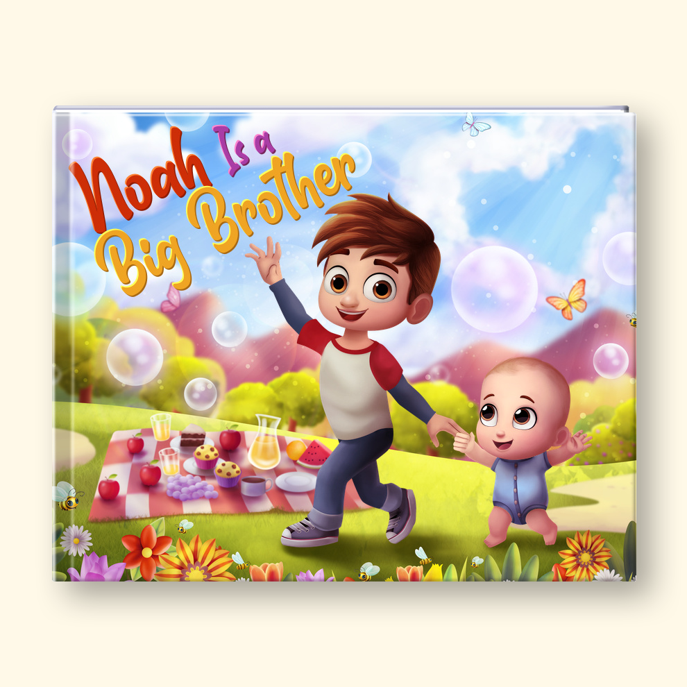 A hardcover children's book cover shown at an angle on a white background, with a colorful illustrated scene of two children outdoors and the title 'Noah is a Big Brother' in large red and blue letters. A small cutout of the same illustrated boy is placed beside the book.