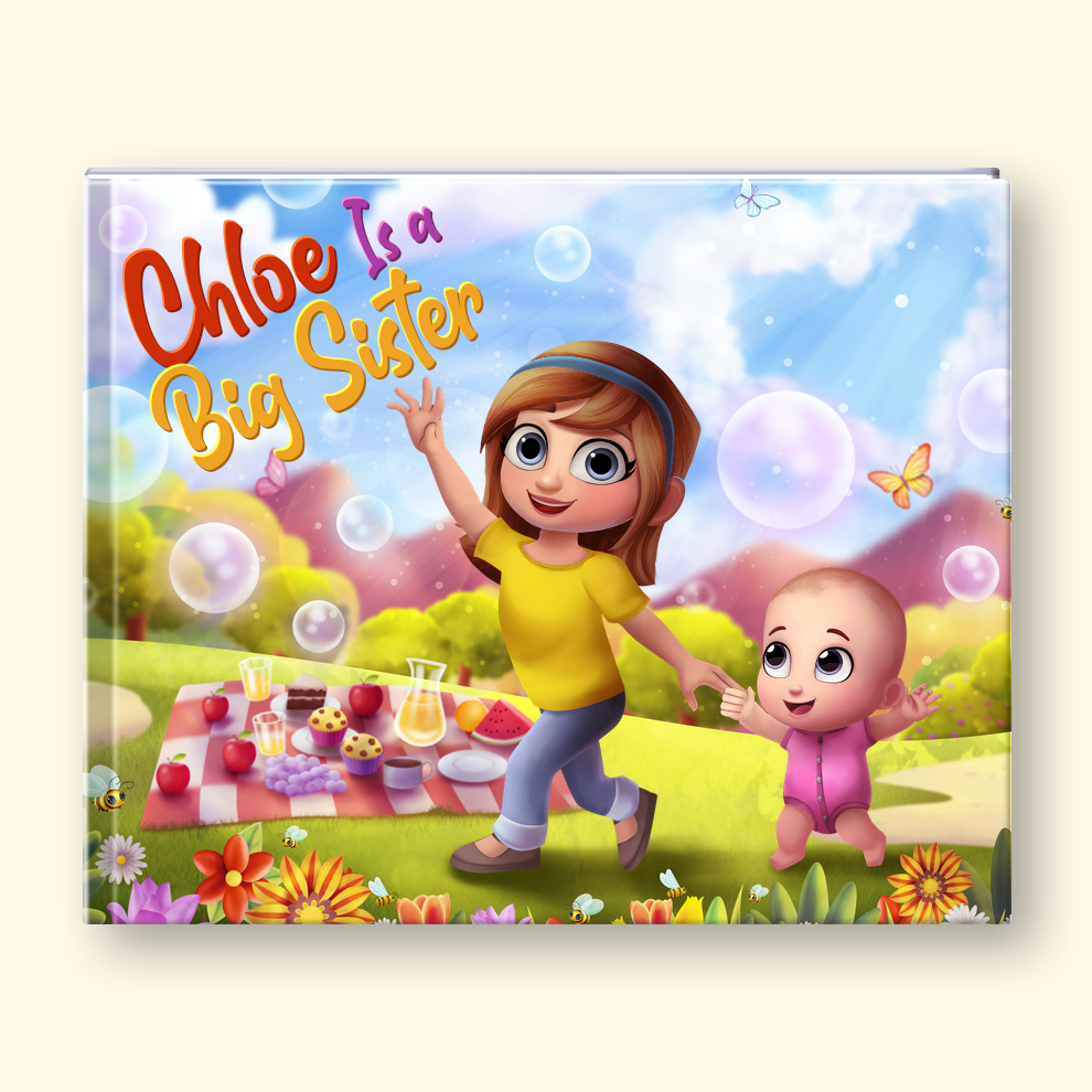 A personalized children's picture book cover shown from the front, with a small matching illustration of two children standing beside it on a white background. The book cover features a colorful cartoon scene with the text 'Chloe is a Big Sister' in large red and blue lettering.