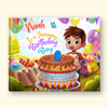 A square hardcover book or album cover featuring a colorful birthday illustration. The cover shows a smiling boy standing behind a large chocolate cake with a blue number 8 candle, balloons, party decorations, and the text 'Noah Is a January Birthday Boy.