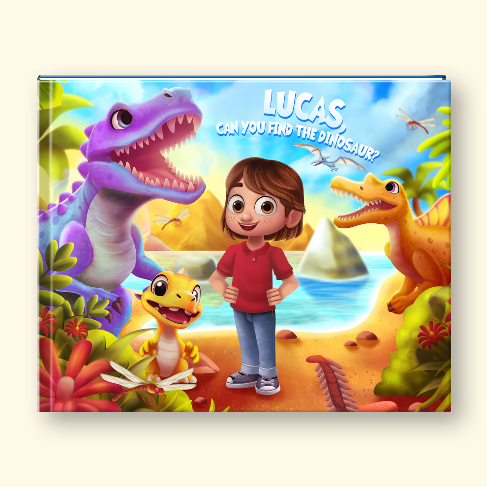 A colorful children's activity book titled 'LUCAS CAN YOU FIND THE DINOOSAUR?' shown on a white background, with a small inset photo of a child wearing the matching red and white shirt and jeans.