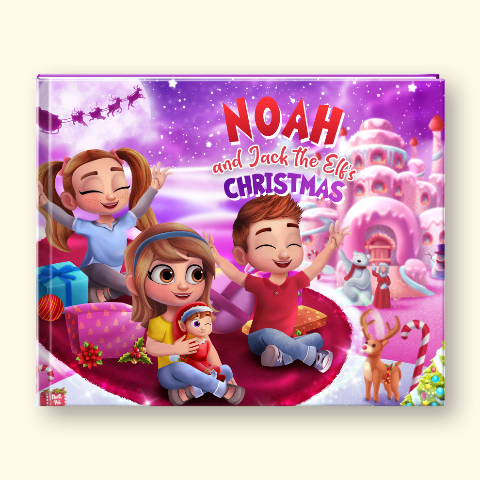 A hardcover children's book titled 'NOAH and Jack the Elf's CHRISTMAS' shown against a light cream background. The cover features colorful cartoon illustrations of children, elves, Santa's sleigh, gifts, and a pink snowy castle.