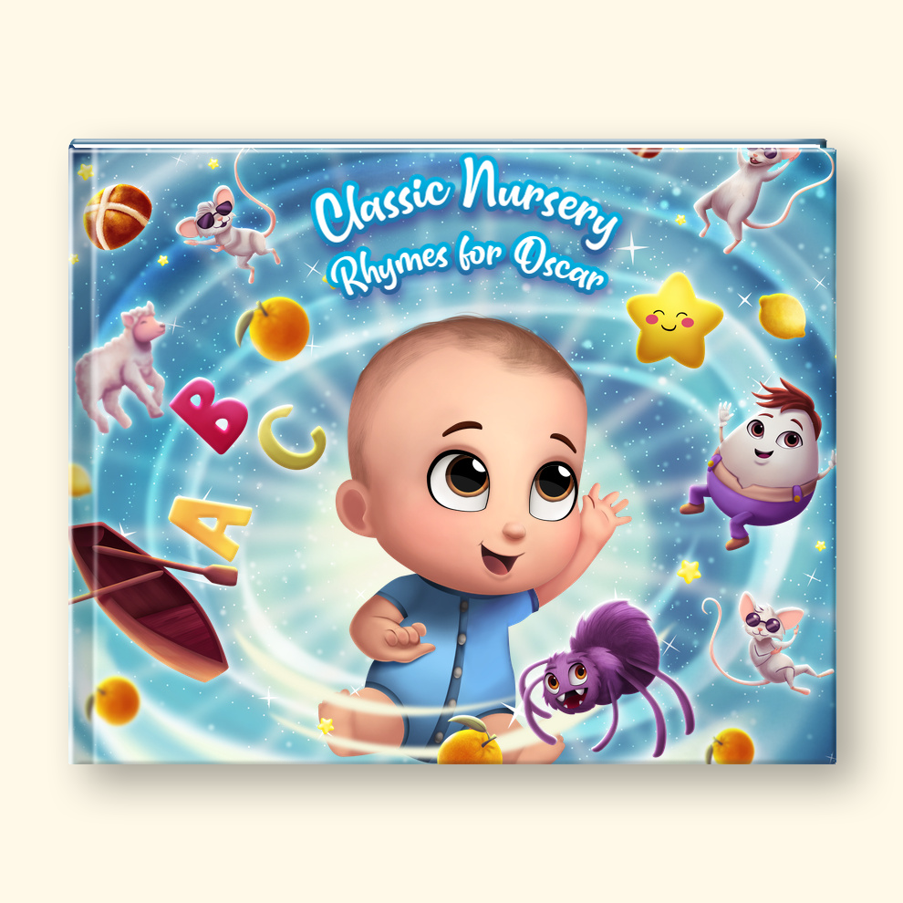 A hardcover children's book titled 'Classic Nursery Rhymes for Oscar' featuring a colorful cartoon illustration of a baby character, a spider, a star, and playful animals on a swirling blue background.