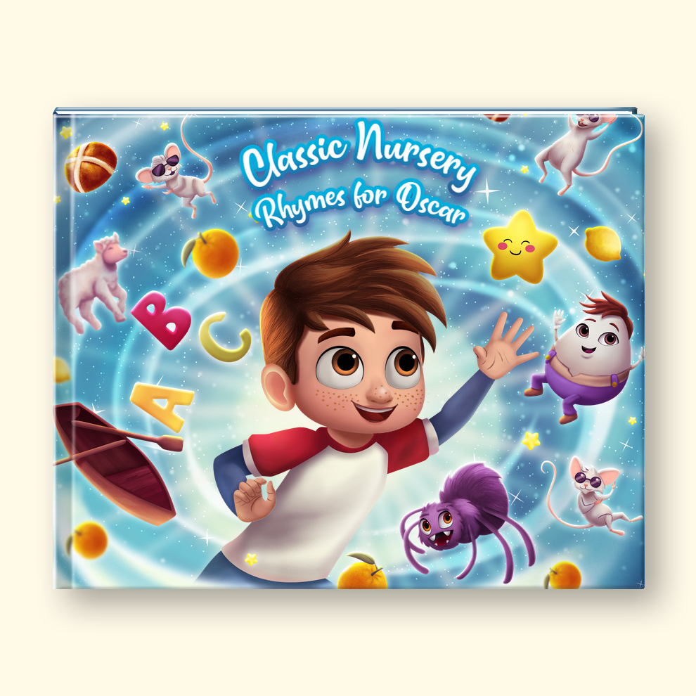 A hardcover children's book titled 'Classic Nursery Rhymes for Oscar' with a colorful illustrated cover featuring a smiling boy, cartoon animals, letters, and a swirling starry blue background, shown against a light beige backdrop.