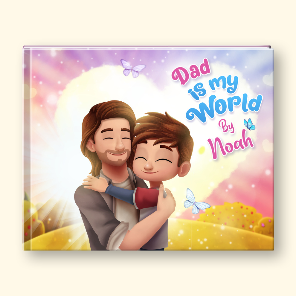 A personalized hardcover book cover featuring a colorful illustration of a father and son hugging, with the text 'Dad is my World By Noah' written in playful pink and blue lettering. The book is shown standing upright against a light cream background.