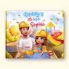 A hardcover children's book cover featuring a colorful cartoon illustration of a father and daughter at a playground, with the title 'Daddy's little helper Sophie' at the top. The book is centered on a light cream background.