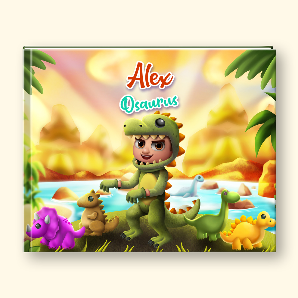 A square hardcover book or album cover shown against a light beige background. The cover features a colorful cartoon prehistoric scene with a child in a green dinosaur costume, surrounded by small dinosaurs, with the text 'Alex Dinosaur' at the top.