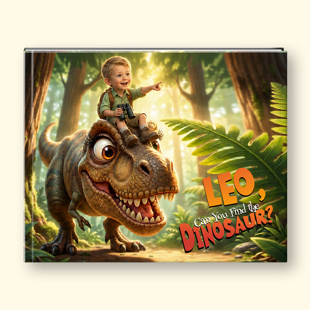 A hardcover children's book cover featuring a colorful illustration of a young boy riding a friendly T-rex dinosaur in a sunlit jungle. The title reads 'LEO, Can You Find the DINOSAUR?' in large orange and red lettering on the right side.