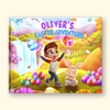A colorful children's book cover titled 'OLIVER'S EASTER ADVENTURE' showing an illustrated boy named Oliver jumping joyfully beside a bunny in a spring landscape with a waterfall, Easter eggs, butterflies, bees, and pastel hills. The book is photographed against a plain warm off-white background.