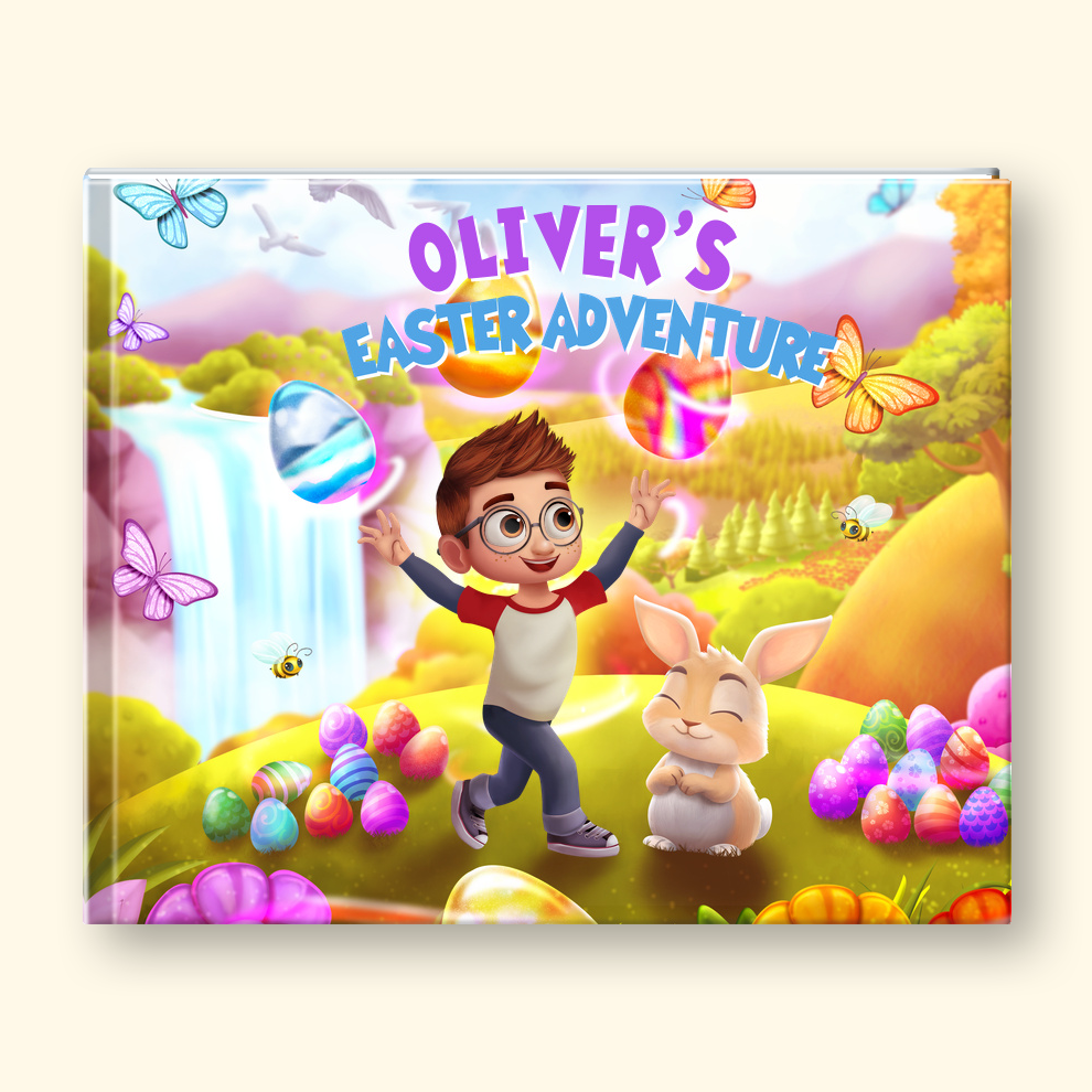 A colorful children's book cover titled 'OLIVER'S EASTER ADVENTURE' showing an illustrated boy named Oliver jumping joyfully beside a bunny in a spring landscape with a waterfall, Easter eggs, butterflies, bees, and pastel hills. The book is photographed against a plain warm off-white background.