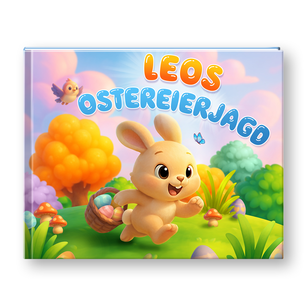 Children's book cover with a cartoon bunny and Easter eggs in a colorful landscape