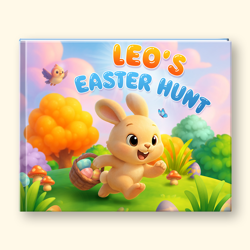 A hardcover children's book titled 'LEO'S EASTER HUNT' featuring a colorful cartoon illustration of a bunny carrying Easter eggs in a grassy field with a bright orange tree and pastel sky.