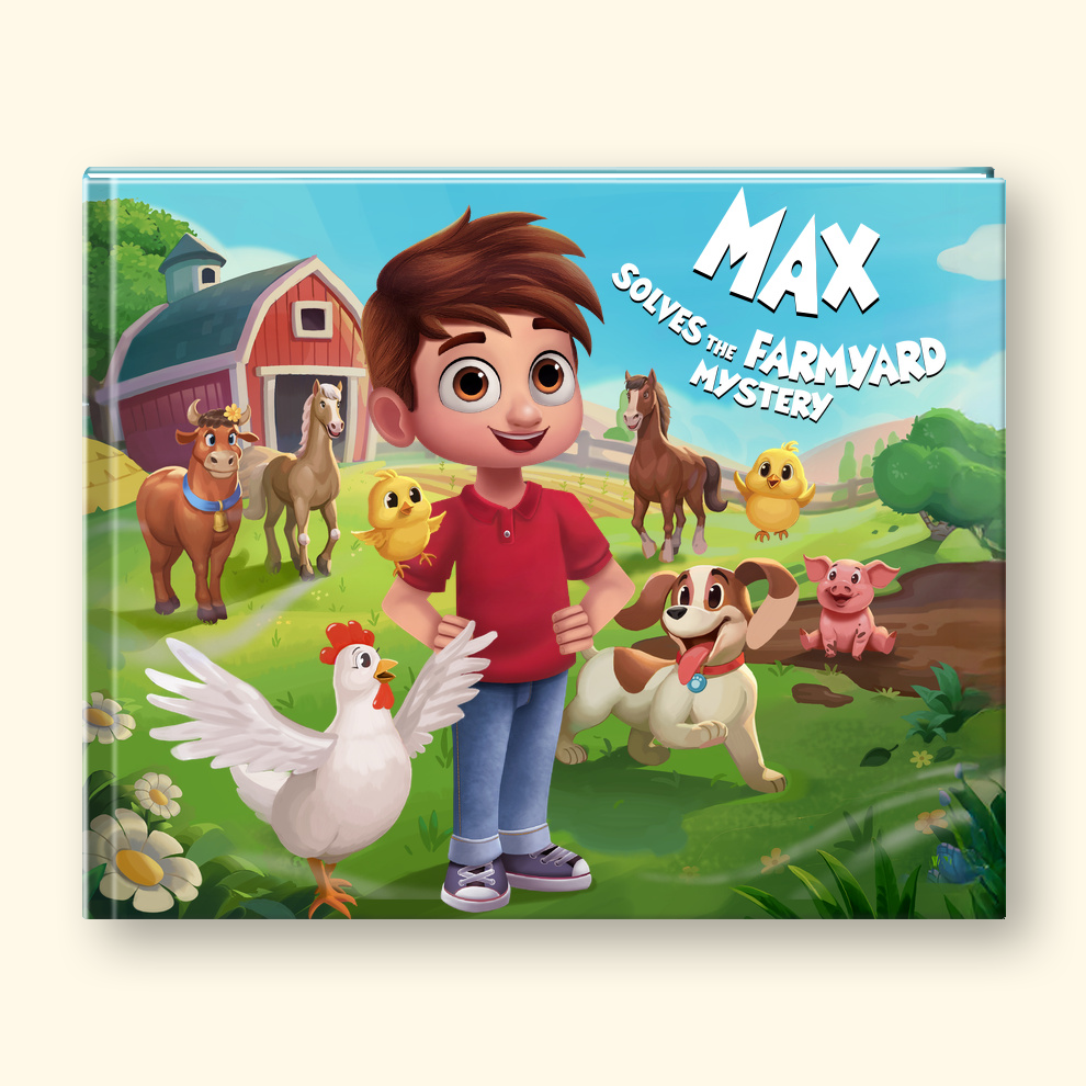 A children's book cover titled 'MAX Solves the Farmyard Mystery!' featuring a cartoon boy standing on a farm with a chicken, dog, pig, horse, cow, barn, and trees. The book is shown standing upright against a light beige background.