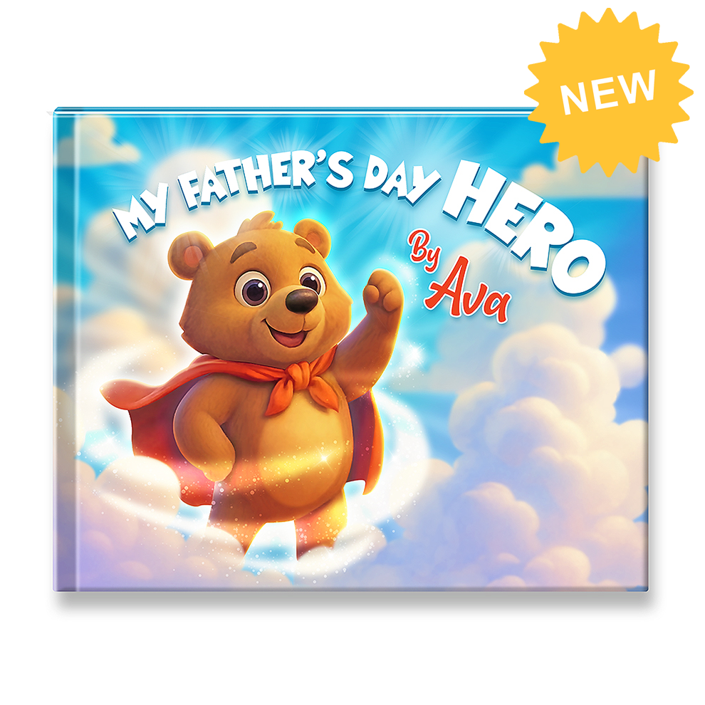Children's book titled 'My Father's Day Hero by Ava' with a bear character on the cover.