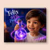 A square book or album cover titled "Felix the Fib Potion" shown against a light beige background. The cover art features a young boy smiling while holding a glowing purple potion bottle with magical sparkles.