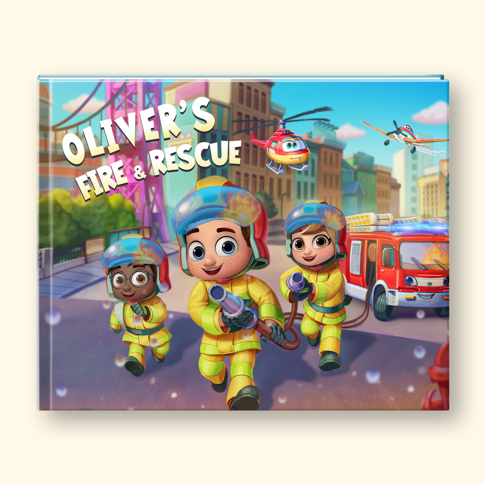 A personalized children's book cover titled 'Oliver's Fire & Rescue' shown on a white background, with a cartoon boy standing next to it. The book cover features colorful illustrations of firefighters, a fire truck, a helicopter, and an airplane.