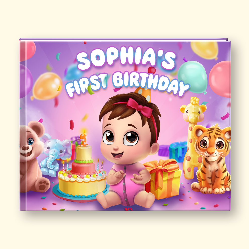 Children's book cover with text "Sophia's First Birthday"