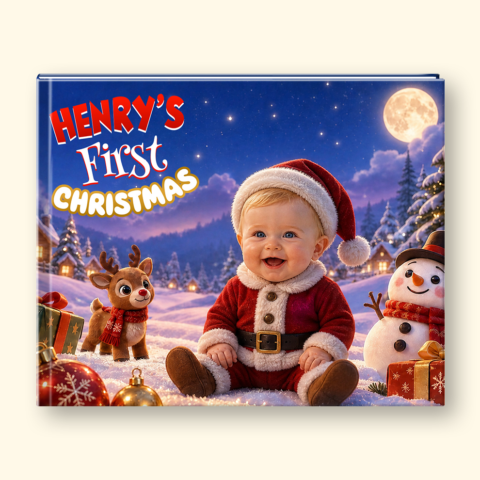A square custom baby photo print featuring a festive Christmas scene with a baby in a Santa hat and suit, a reindeer, a snowman, ornaments, and the text 'HENRY'S First CHRISTMAS' on a snowy night background.