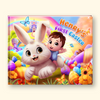 A hardcover children's book cover featuring a colorful cartoon illustration of a child riding a white bunny in a rainbow Easter landscape. The title reads 'Henry's First Easter' in playful orange and blue lettering.