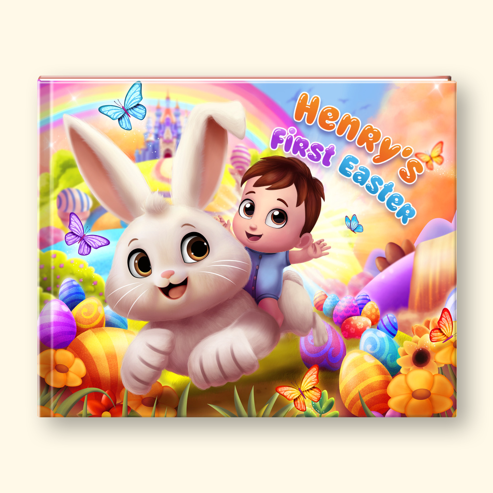 A hardcover children's book cover featuring a colorful cartoon illustration of a child riding a white bunny in a rainbow Easter landscape. The title reads 'Henry's First Easter' in playful orange and blue lettering.