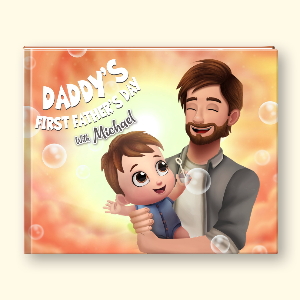 Cover of personalized first fathers day book with Dad and baby