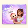 A square custom photo book cover for 'Mummy's First Mother's Day With Olivia' featuring a 3D cartoon illustration of a mother and child against a purple bubble background.
