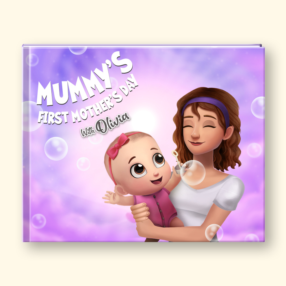 A square custom photo book cover for 'Mummy's First Mother's Day With Olivia' featuring a 3D cartoon illustration of a mother and child against a purple bubble background.