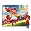 Book cover with cartoon characters playing football and a child, featuring the name 'Liam'.