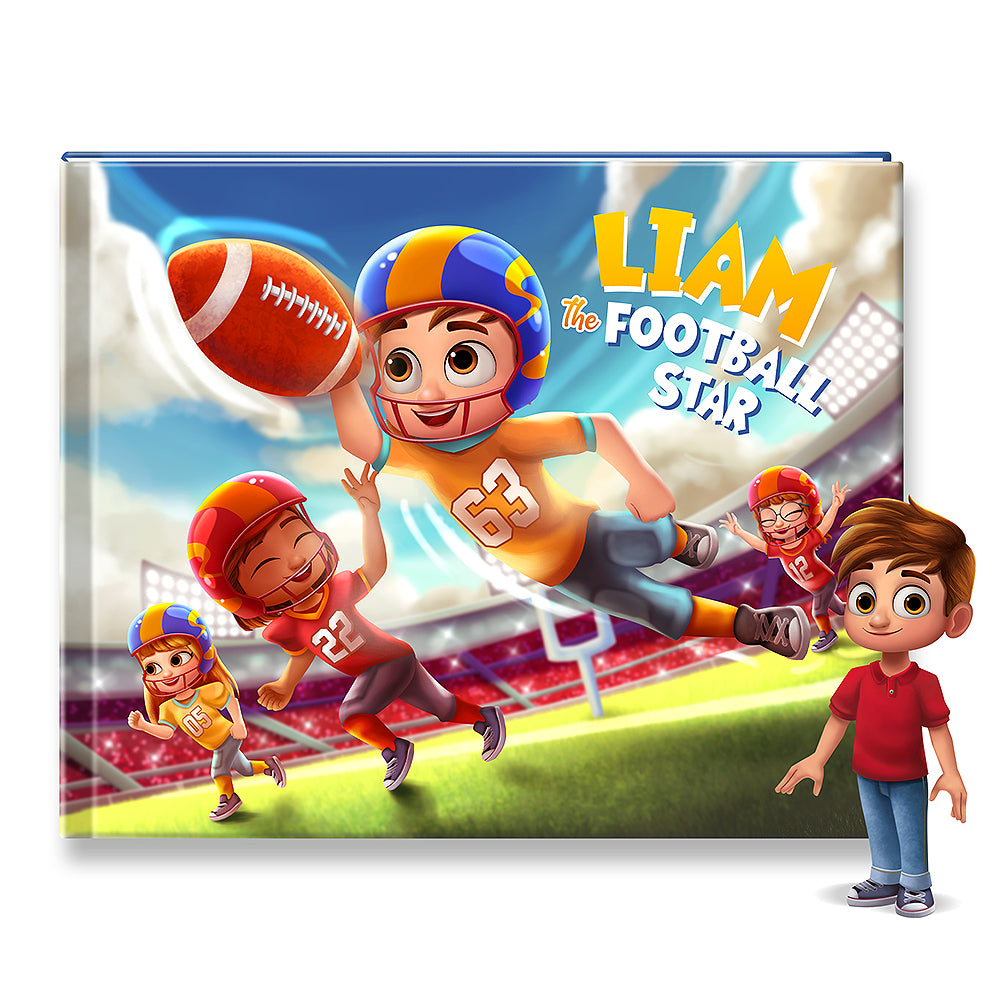 Book cover with cartoon characters playing football and a child, featuring the name 'Liam'.