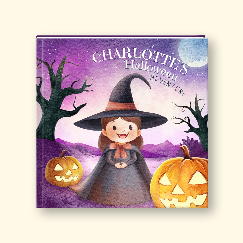 A personalized children's hardcover book titled 'Charlotte's Halloween Adventure' featuring a whimsical watercolor illustration of a young girl in a witch hat surrounded by pumpkins and a spooky purple sky.