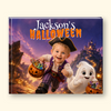 A hardcover book titled 'Jackson's Halloween' shown upright against a light beige background. The cover features a colorful illustration of a young boy in a pirate costume holding a pumpkin basket, a friendly white ghost, and a haunted castle at dusk.