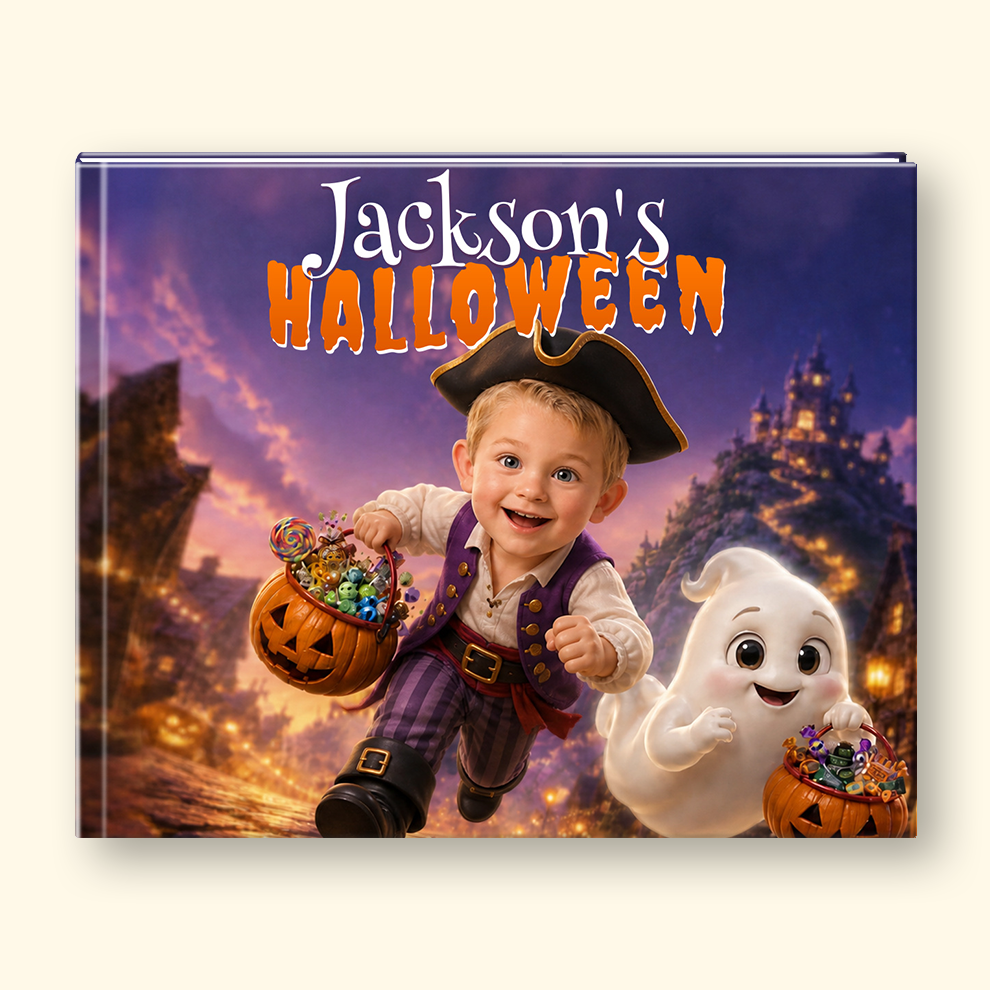 A hardcover book titled 'Jackson's Halloween' shown upright against a light beige background. The cover features a colorful illustration of a young boy in a pirate costume holding a pumpkin basket, a friendly white ghost, and a haunted castle at dusk.