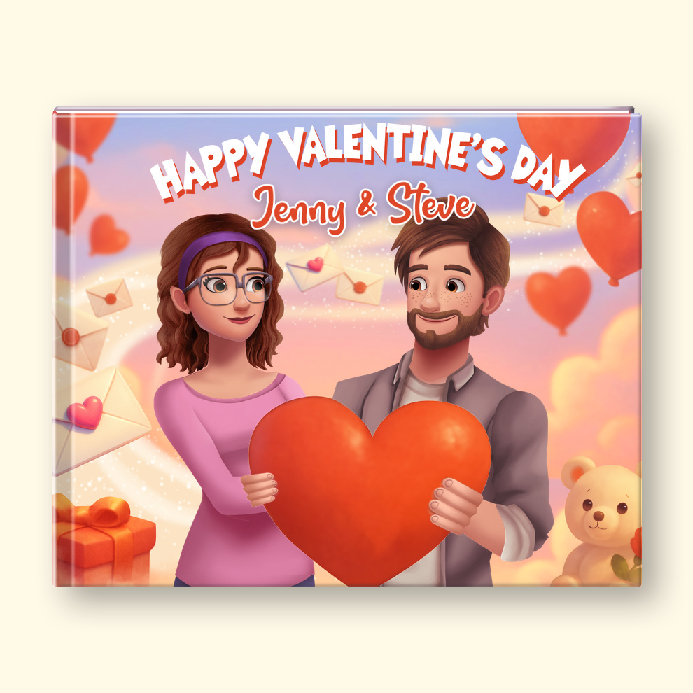 A square custom illustration print or card featuring a cartoon couple holding a large red heart, with the text 'Happy Valentine's Day' and 'Jenny & Steve' on a pastel background with hearts, balloons, envelopes, and a teddy bear.