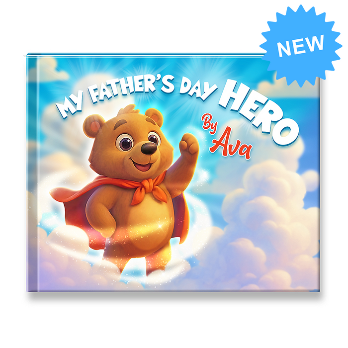 Children's book titled 'My Father's Day Hero by Ava' with a bear character on the cover.