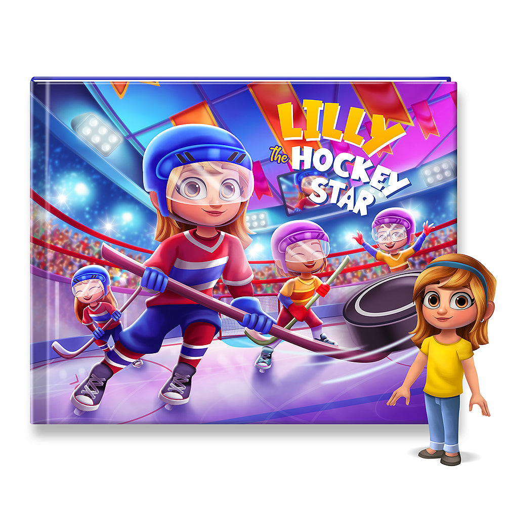 Book cover of 'Lilly the Hockey Star' with animated characters on an ice rink.