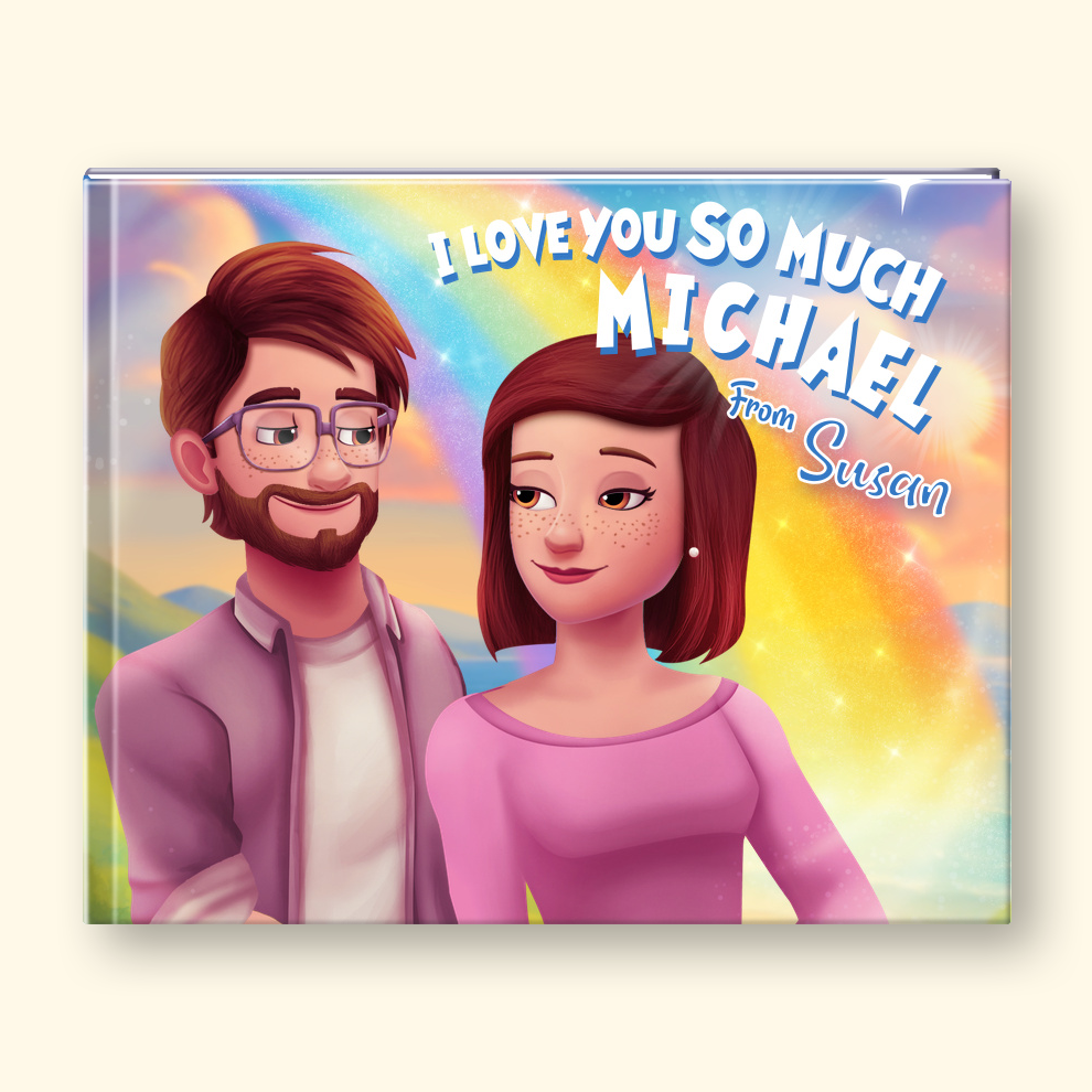 A hardcover book or journal cover shown against a light beige background. The cover features a colorful cartoon-style illustration of a man and woman with the text 'I LOVE YOU SO MUCH MICHAEL From Susie'.