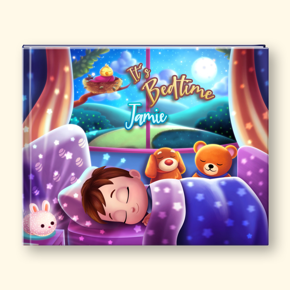 A personalized children's book cover featuring a whimsical bedtime illustration. The cover shows a child sleeping in a purple starry bed, with a teddy bear and a small bunny beside them.
