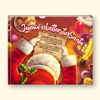 A square printed card or book cover design featuring a festive holiday illustration. Santa's red suit and white fur-trimmed hat are visible at the bottom, holding a parchment letter.
