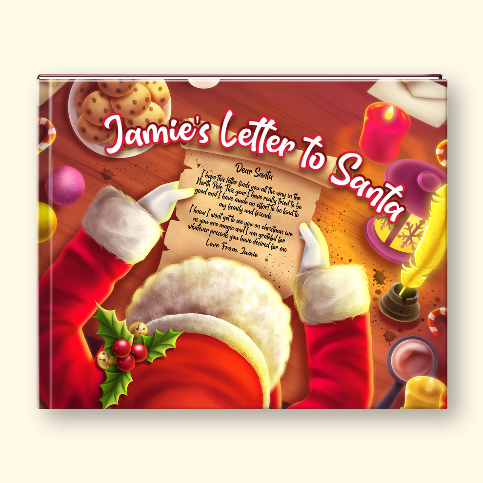 A square printed card or book cover design featuring a festive holiday illustration. Santa's red suit and white fur-trimmed hat are visible at the bottom, holding a parchment letter.