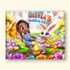 A colorful children's book cover titled 'OLIVIA'S MAGICAL EASTER' showing a girl named Olivia holding hands with a white bunny in a vibrant Easter landscape filled with eggs, flowers, and butterflies.