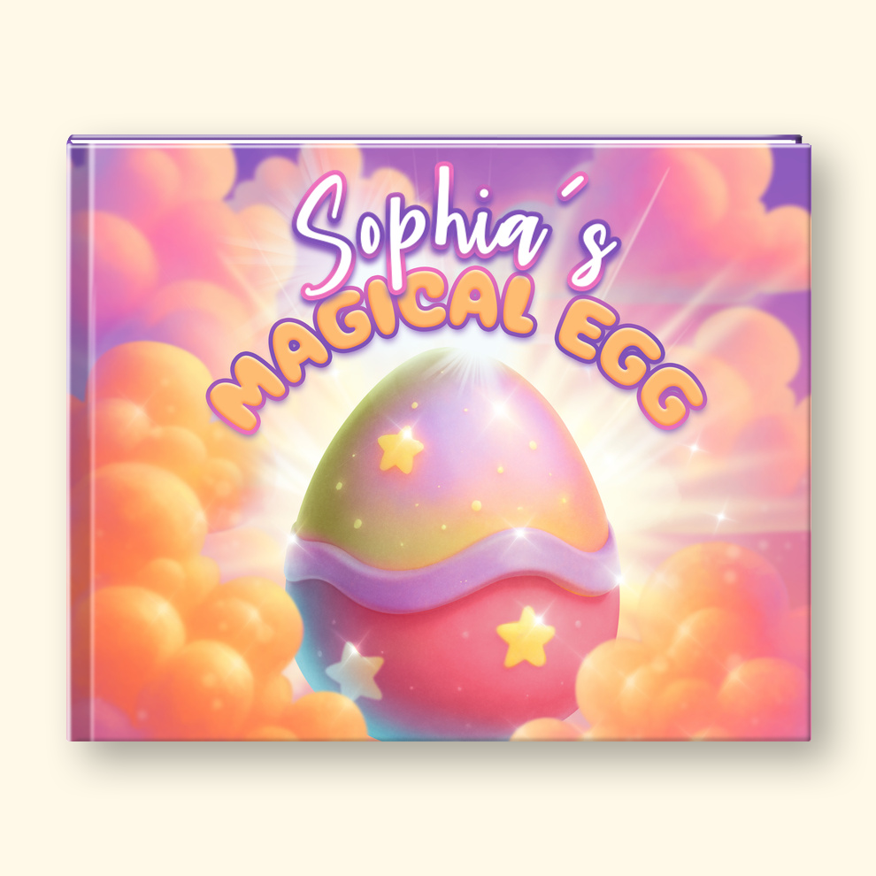 A hardcover book or album cover titled 'Sophia's Magical Egg' featuring a colorful pastel illustration of a glowing egg surrounded by clouds and stars, shown against a light cream background.