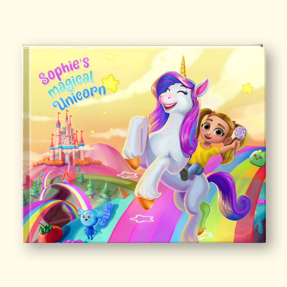 A colorful children's book cover featuring a cartoon unicorn and a girl with the title 'Sophie's magical Unicorn' on a pastel rainbow landscape with a castle in the background.