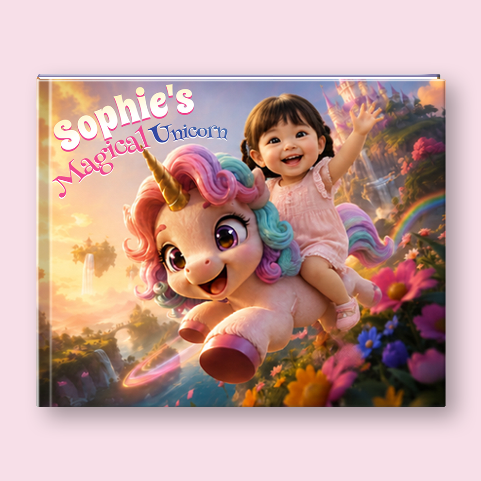 A custom children's picture book cover titled 'Sophie's Magical Unicorn' featuring a 3D-rendered illustration of a young girl riding a pastel unicorn in a magical landscape. The book is shown standing upright against a soft pink background.