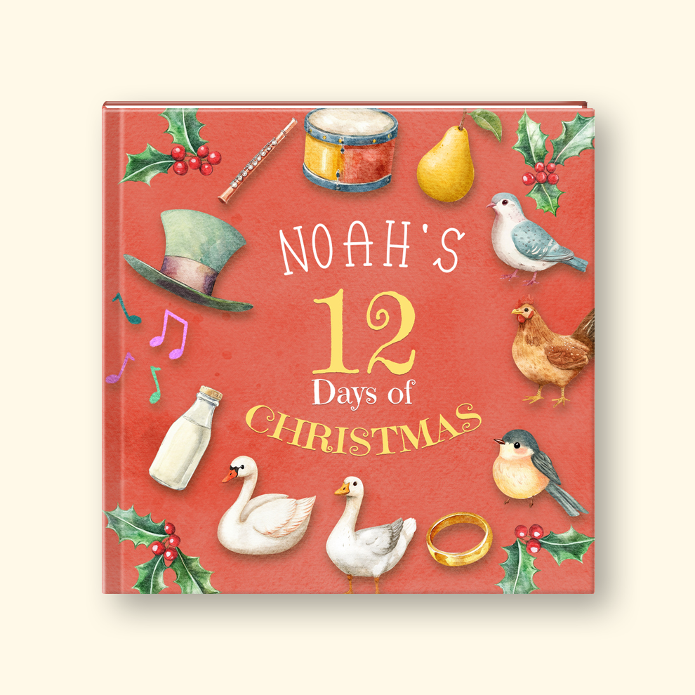 A square red children's book titled "NOAH'S 12 DAYS OF CHRISTMAS" with illustrated holiday motifs including holly, a pear, a drum, a top hat, a bottle, a swan, a bird, a chicken, and a gold ring, shown on a light cream background.