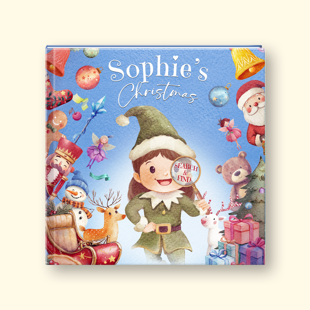 Children's book with text "Sophie's Christmas Search & Find"