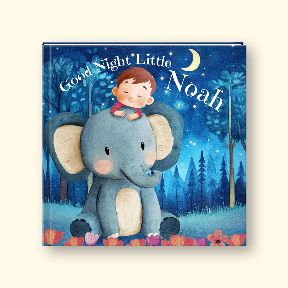 A personalized children's board book titled 'Good Night Little Noah' featuring a watercolor illustration of a boy sitting on a blue elephant under a crescent moon in a starry night sky.