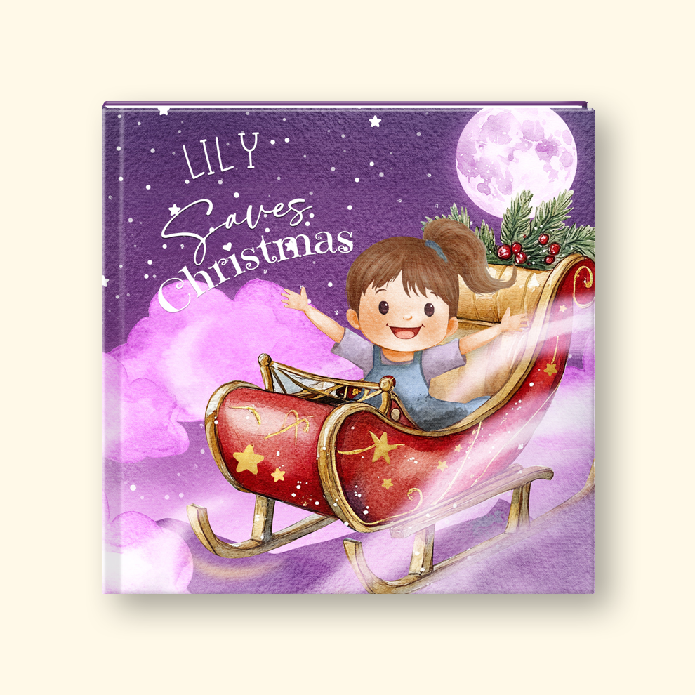 A square custom children's book cover featuring a watercolor illustration of a girl in a red sleigh under a purple night sky with a full moon. The cover has the text 'LILY Saves Christmas' and is shown against a light cream background.